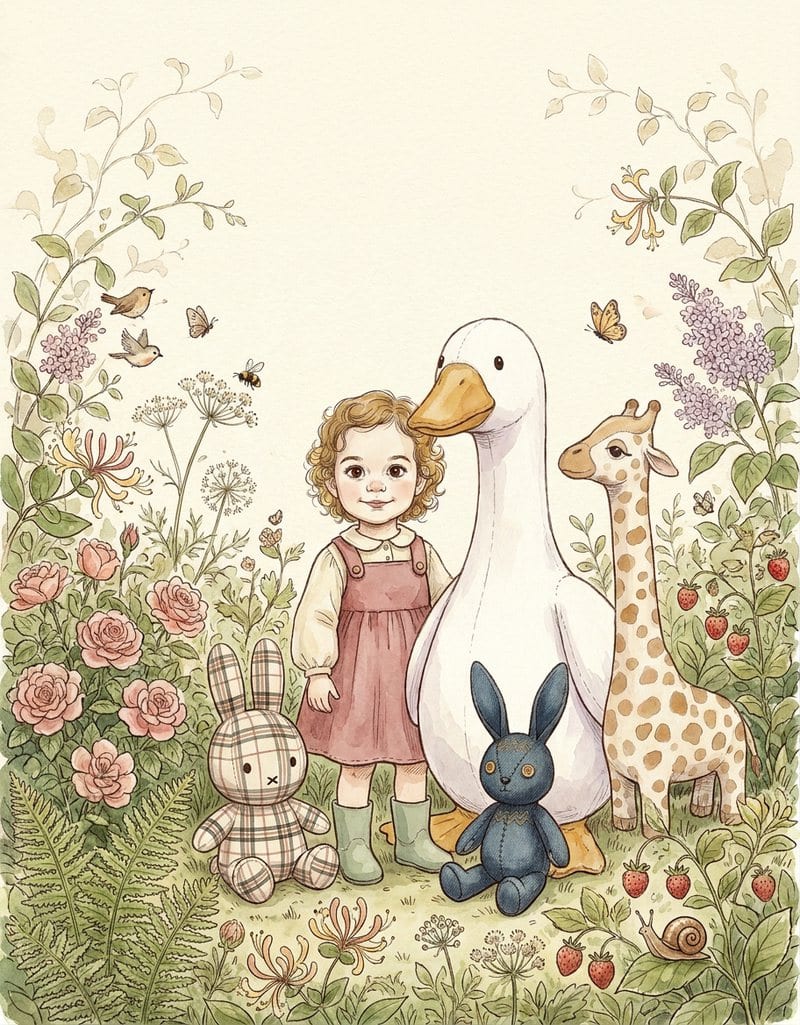 The cover of Naomi's book: a curly haired girl in a rose pinafore in a garden, with her goose, her two bunnies and her giraffe.