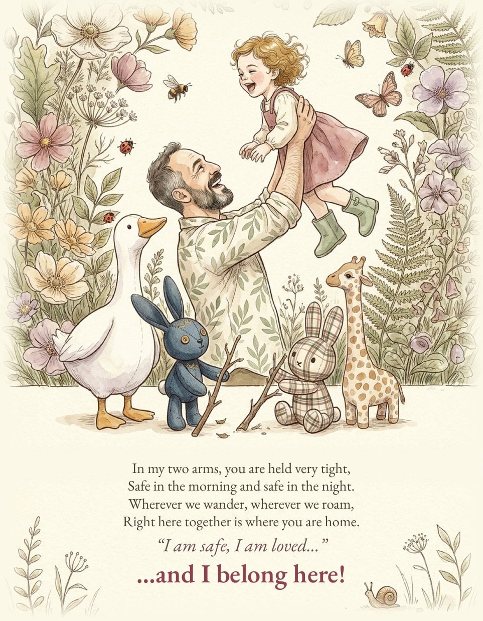 A father lifts his laughing daughter in a garden while her goose, bunnies and giraffe watch. The page reads: I am safe, I am loved, and I belong here.