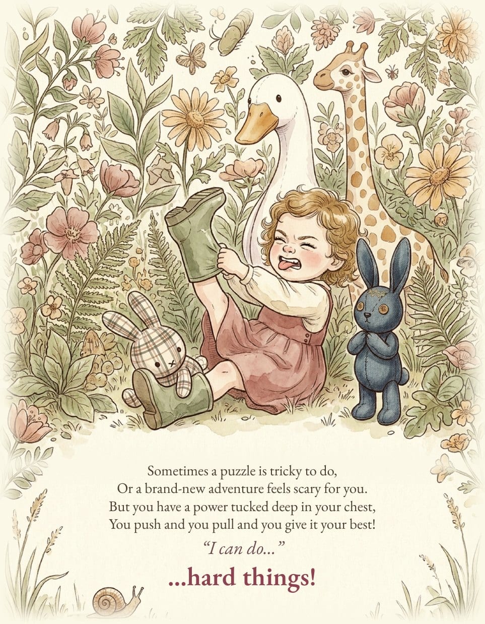 A girl pulls on her boot with all her might while her toys cheer. The page reads: I can do hard things.