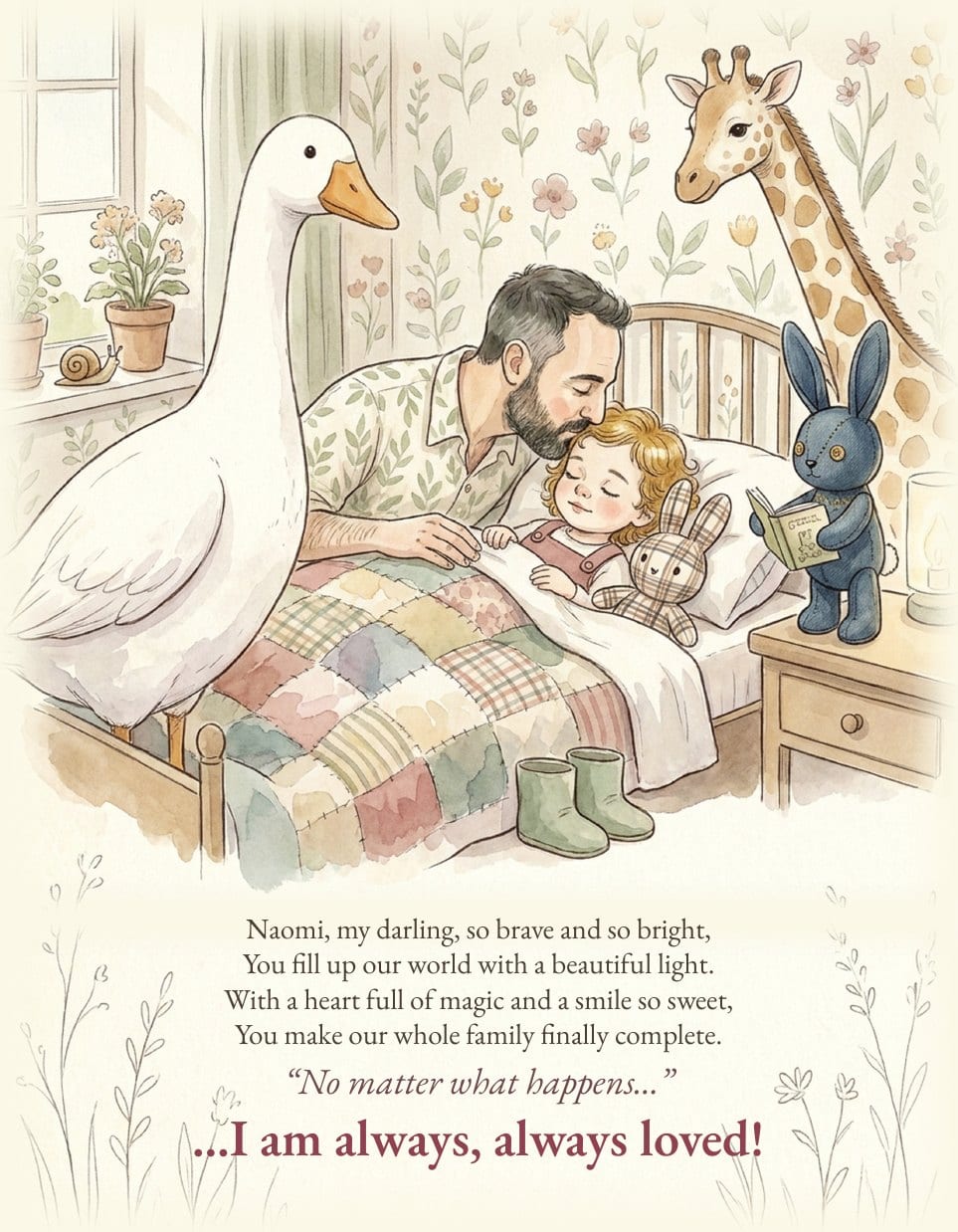 A father kisses his sleeping daughter goodnight while the goose, the bunnies and the giraffe keep watch. The page reads: No matter what happens, I am always, always loved.